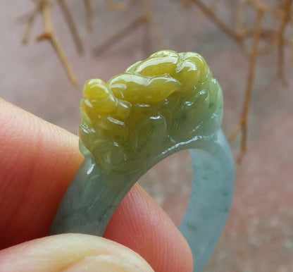 Certified Icy Yellow Green 100% Natural A JADE Jadeite Dragon Pi Xiu RING USA. 9.25 戒指 523559  TN