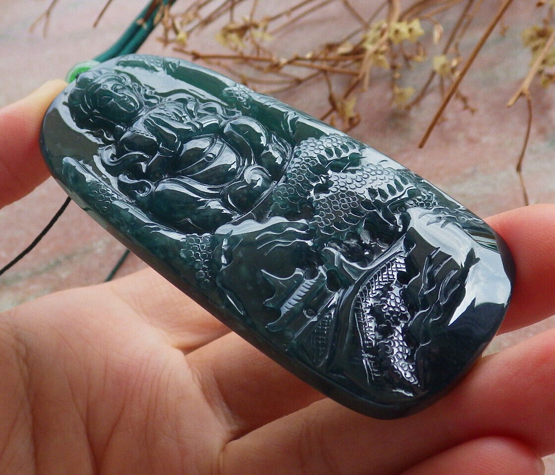 Atestita Glacia Blua Akvo Birmo 100% Natura A Jadejadeito Pengante Pejzaĝa pentraĵo Guanyin Kwan Yin Arba Koliero 山水画 634395 TN