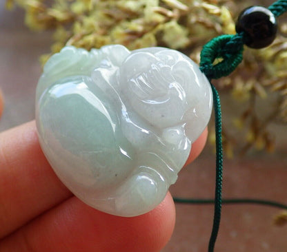 Certified Icy Green 100% Natural A Jade jadeite pendant Happy Buddha God Necklace 开心佛 524346  TN