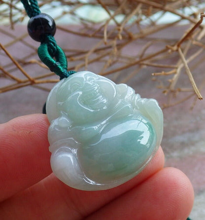 Certified Green 100% Natural A Jade jadeite pendant Happy Buddha God Necklace 开心佛 521028  TN
