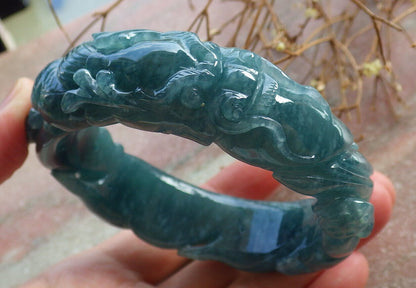 Certified Icy Blue Water Green Burma 100% Natural A JADE Jadeite Dragon Bangle Bracelet 60 mm 手镯 635086  AS