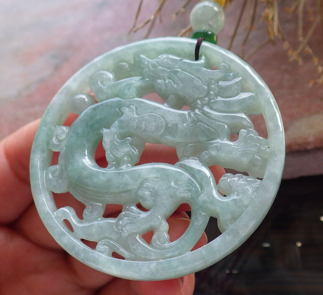 Certified Green Burma 100% Natural A Jade jadeite Pendant Dragon Ruyi Circle Necklace 生意兴隆 646479 TN