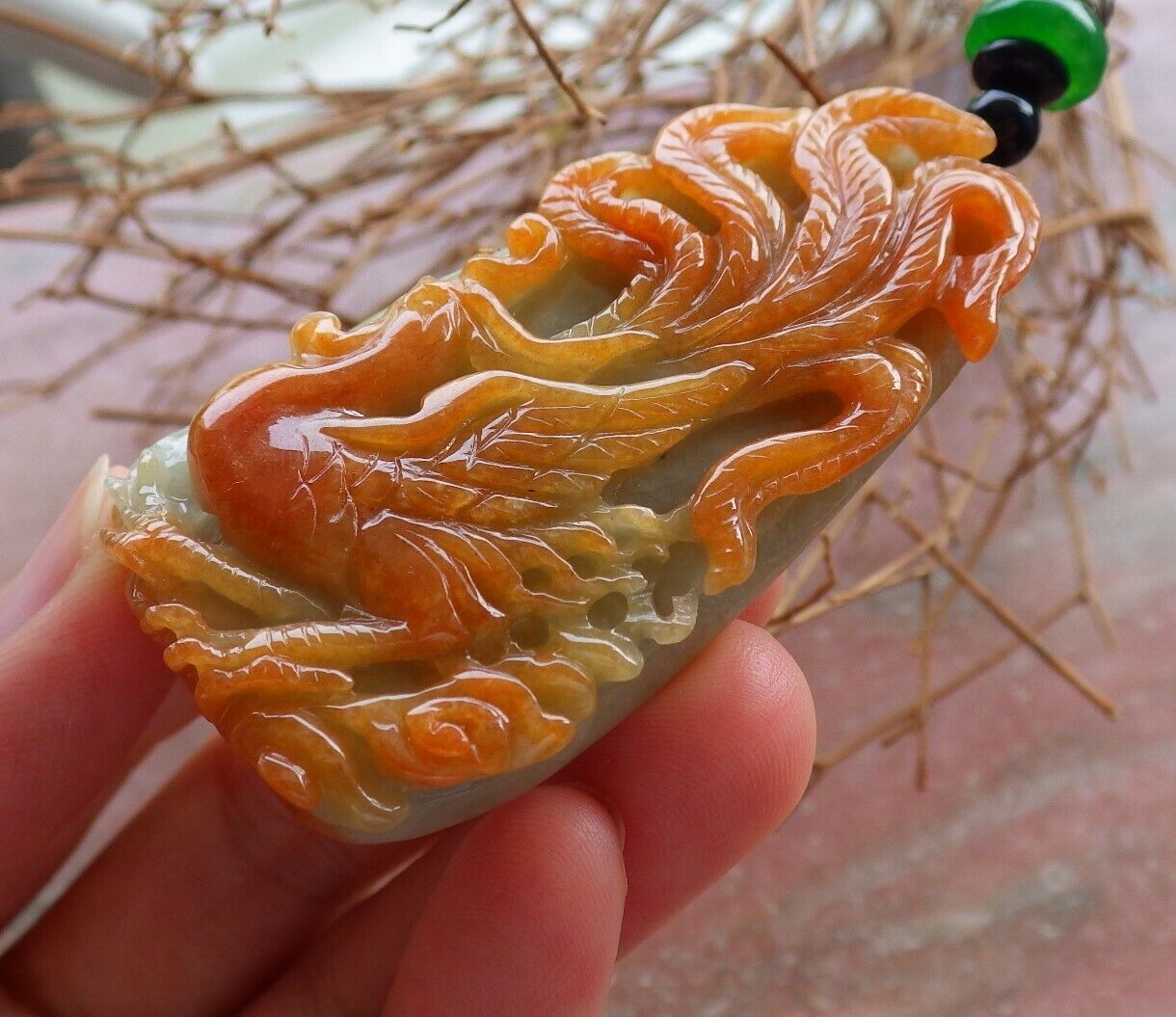 Certified Red Green Burma 100% Natural A Jade jadeite Pendant Phoenix Necklace 凤凰 525513  TN