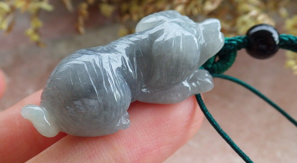 Certified Green Black 100% Natural A Jade jadeite Pendant Zodiac Dog Necklace 发财狗 524241  TN