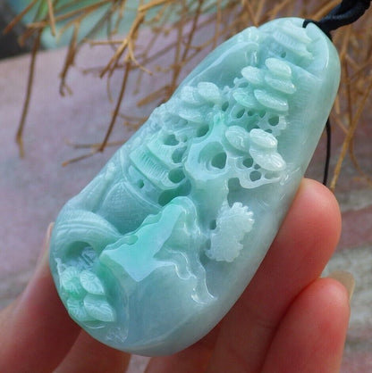 Certified Green 100% Natural A Jade jadeite Landscape painting Tree Necklace Necklace 山水画 519550  TN