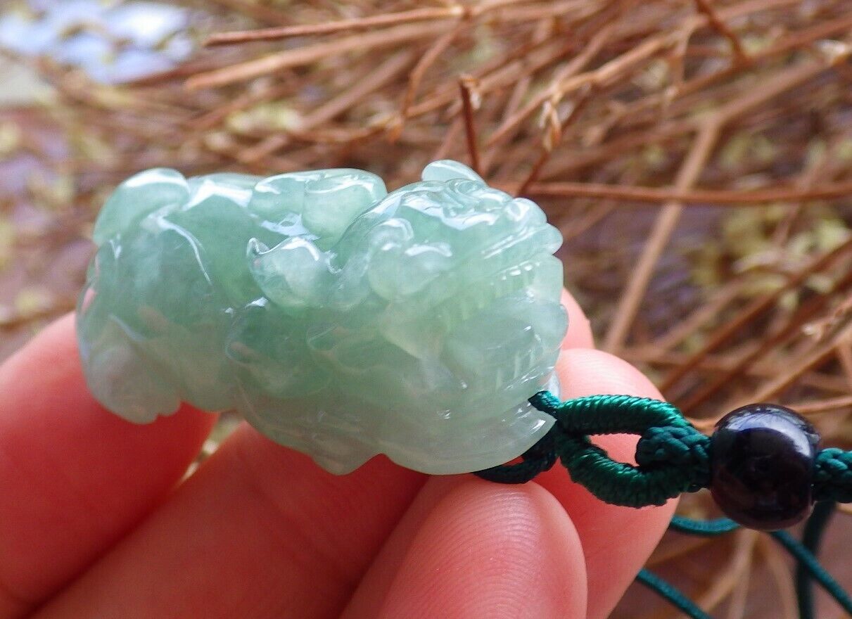 Certified Icy Green 100% Natural A Jade jadeite Pendant Dragon Pi Xiu Money Coin Necklace 风水貔貅 525166  TN