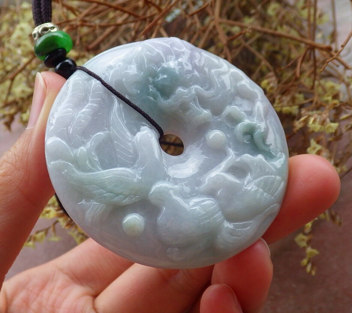 Certified Green Pale Lavender 100% Natural A Jade jadeite pendant Mandarin Duck Dragon Phoenix 5 Bat Necklace 龙凤524984   TN
