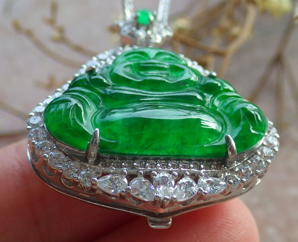 Icy Green Silver 925 Certified Burma 100% Natural A JADE Jadeite pendant Happy Buddha God Necklace 佛公 635186  TN