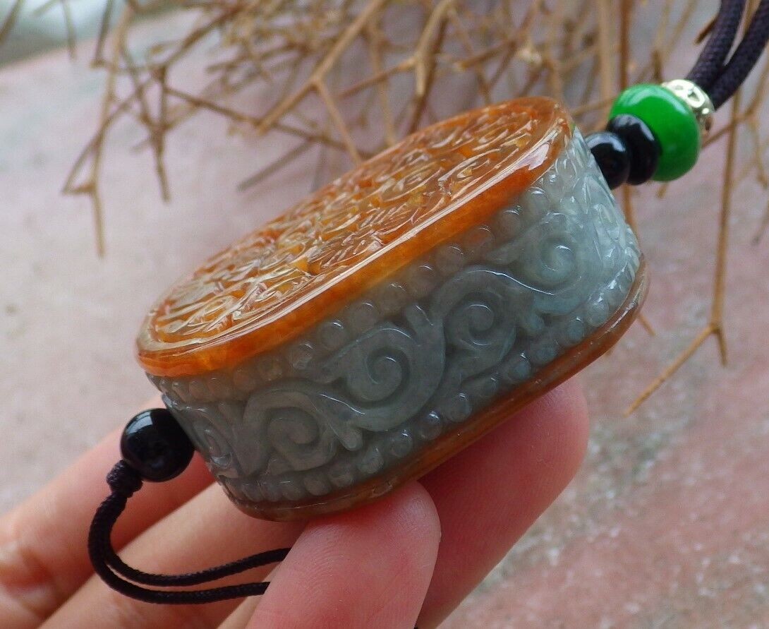 Certified Brown Red Green 100% Natural A Jade jadeite Pendant Flower Ruyi Rectangle Necklace 花平安牌 523664  TN
