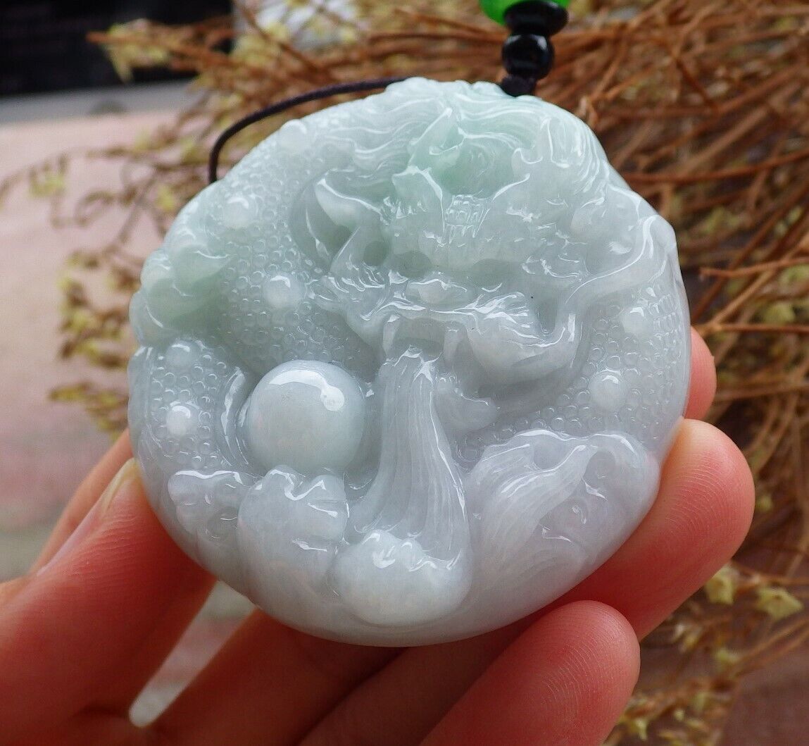 Certified Green 100% Natural A Jade jadeite Pendant Dragon Lotus Flower Ruyi Bead Necklace 生意兴隆 525045  TN