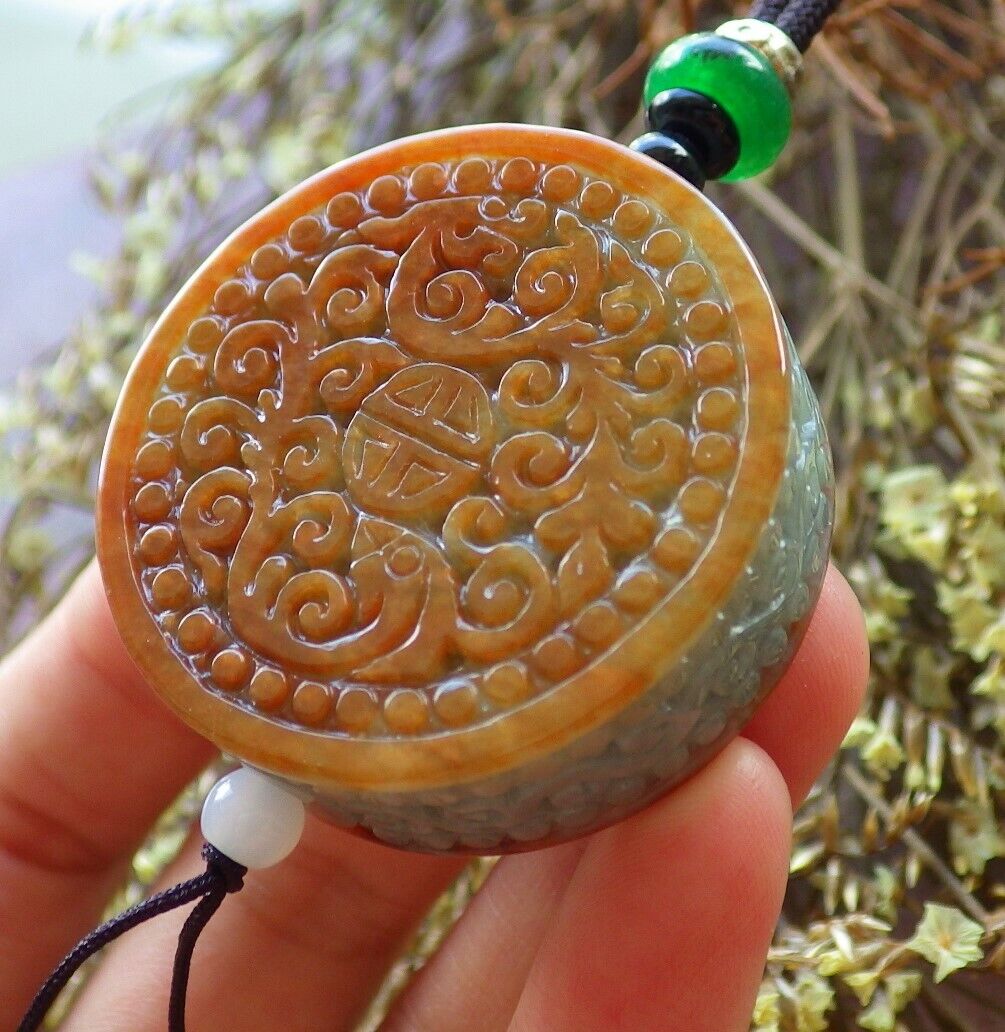 Certified Brown Red Green 100% Natural A Jade jadeite Pendant Dragon Phoenix Longevity Ruyi Necklace 龙凤 524084  tn