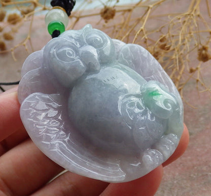 Certified Lavender Green Burma 100% Natural A Jade jadeite Pendant Owl Peach Necklace 猫头鹰 636180  TN
