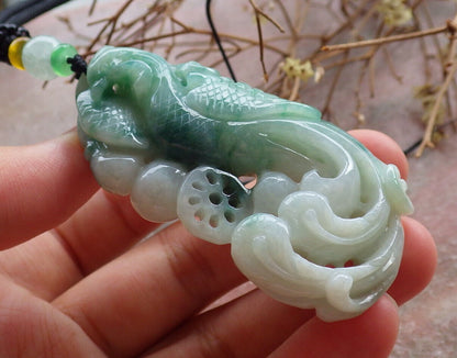 Certified Green Burma 100% Natural A Jade jadeite Pendant Phoenix Ruyi Coin Necklace 凤凰 635433  AS