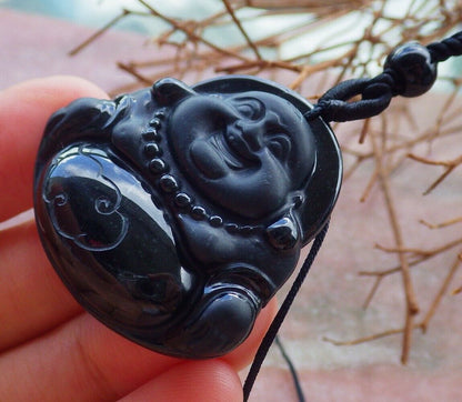 Certified Black Green 100% Natural A Jade jadeite pendant Happy Buddha God Necklace 墨翠 佛公 528946  TN