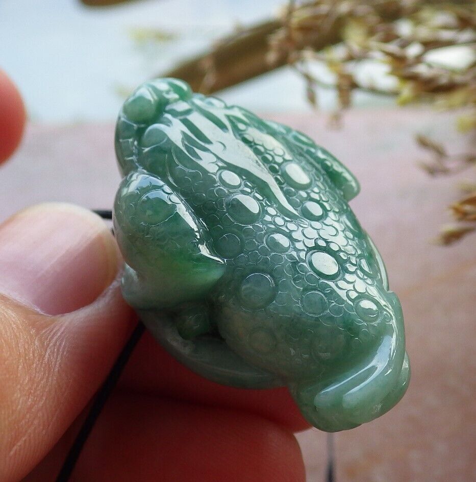 Certified Green Burma 100% Natural A Jade jadeite Pendant Frog Toad Money Coin Necklace 招财蟾 574770 TN
