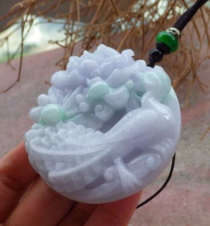 Certified Green Pale Lavender 100% Natural A Jade jadeite Pendant Phoenix Peacock Flower Circle Necklace 孔雀 520800 **TN