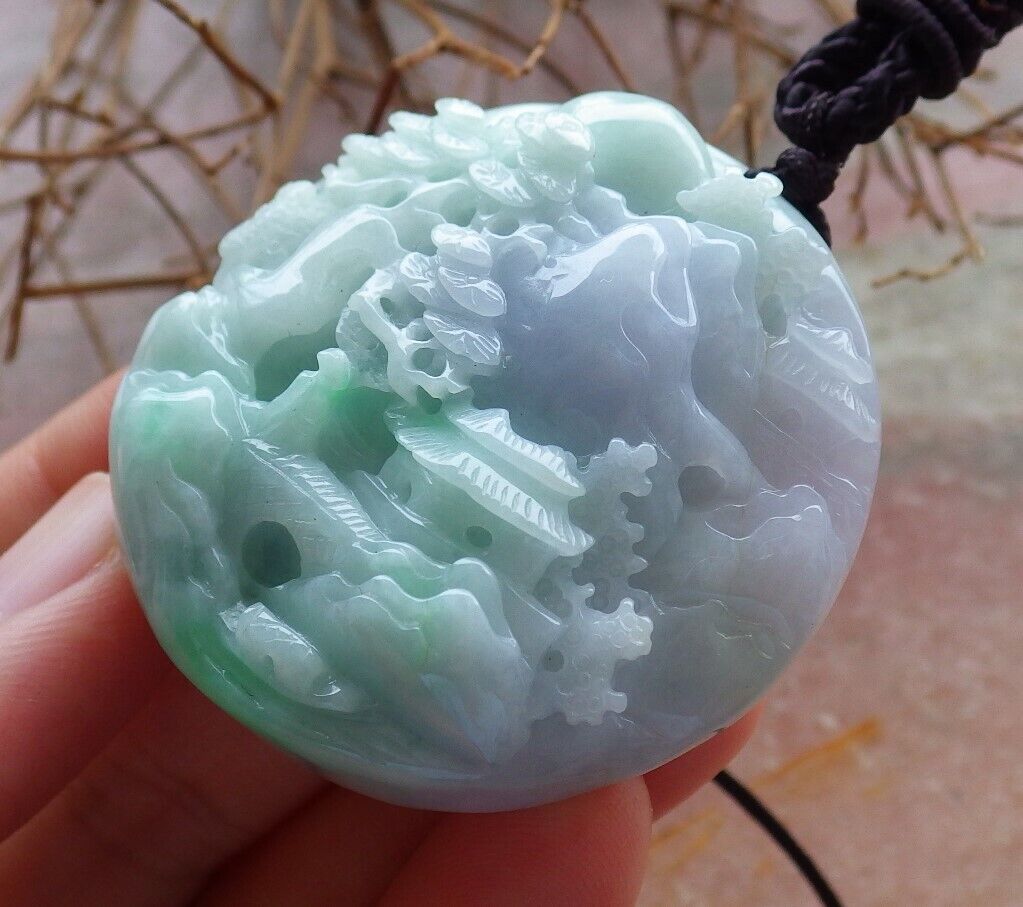 Certified Green Pale Lavender Burma 100% Natural A Jade jadeite Landscape painting Tree Necklace 山水画 528872  TN