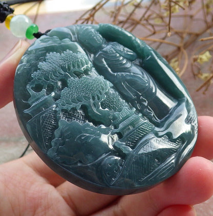 Atestita Glacia Verda Birmo 100% Natura A Jadejadeito pendanta Pejzaĝa pentraĵo Guanyin Kwan Yin Arba Koliero 山水画 634091 TN