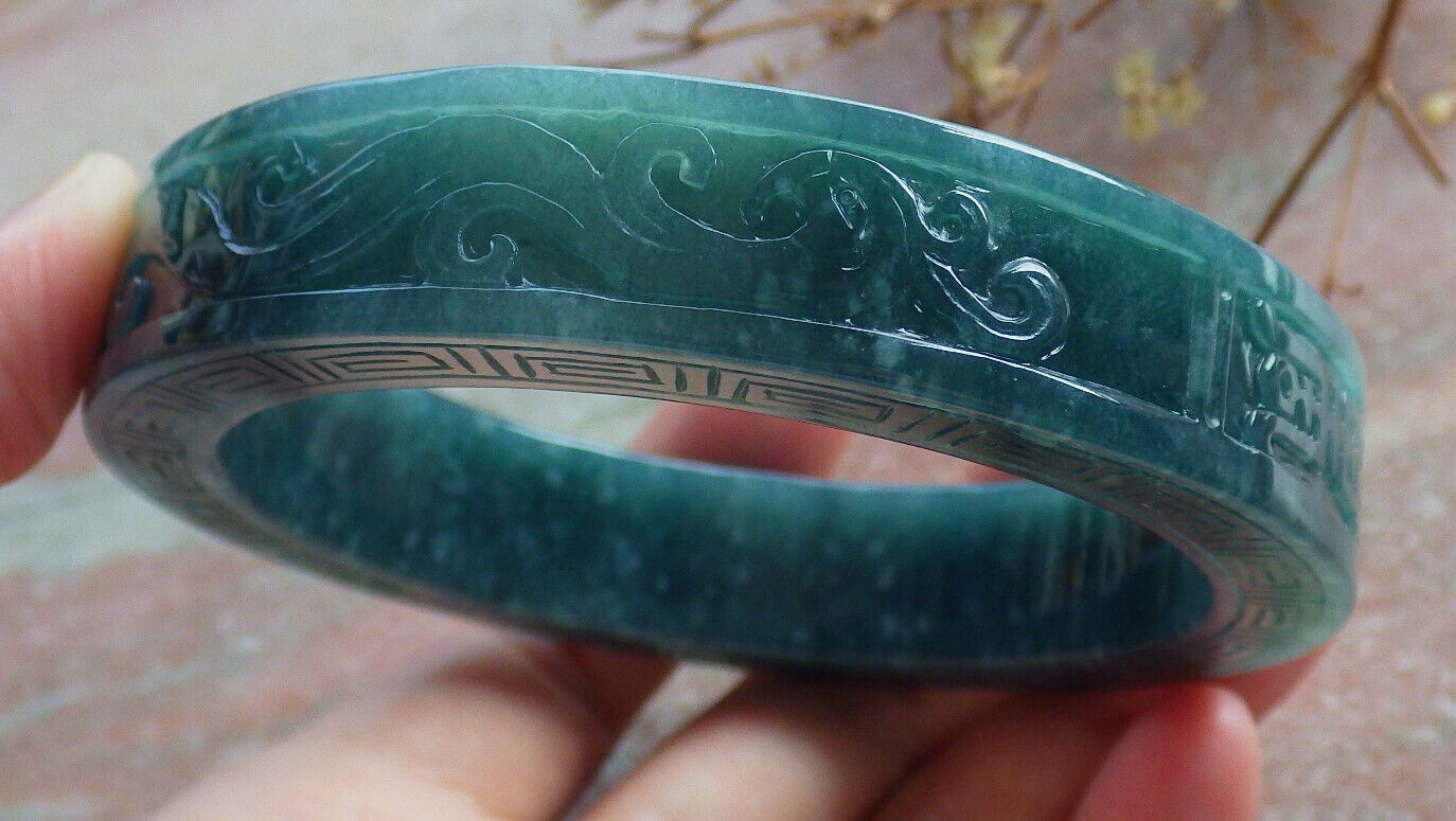 Certified Icy Green Burma 100% Natural A JADE Jadeite Dragon Phoenix Bangle Bracelet 64 mm 手镯 633660  TN