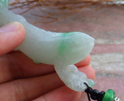 Certified Icy Green 100% Natural A Jade jadeite Pendant Dragon Lizard Lotus Flower Ruyi Necklace 龙蜥蜴 520903  TN