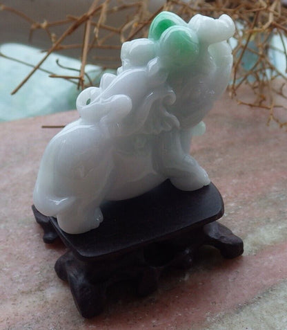 Certified Green 100% Natural A Jade jadeite Display Elephant Monkey Peach 封侯拜相 519574  TN ** Include woodstand **