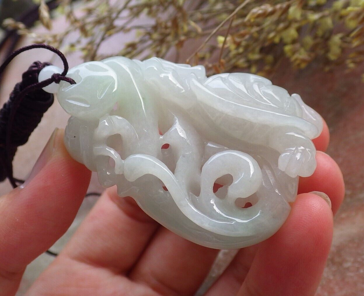 Certified Icy Green Pale Lavender Burma 100% Natural A Jade jadeite Pendant Dragon Turtle Ruyi Coin Necklace 龙龟 574488 TN