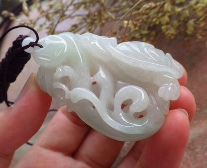 Certified Icy Green Pale Lavender Burma 100% Natural A Jade jadeite Pendant Dragon Turtle Ruyi Coin Necklace 龙龟 574488 TN
