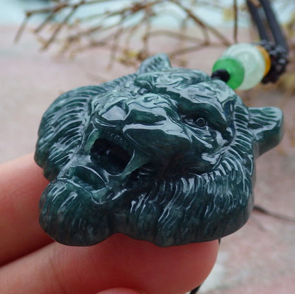 Certified Icy Blue Water Burma 100% Natural A Jade jadeite Pendant Tiger Head Necklace 虎虎生威 635303  TN