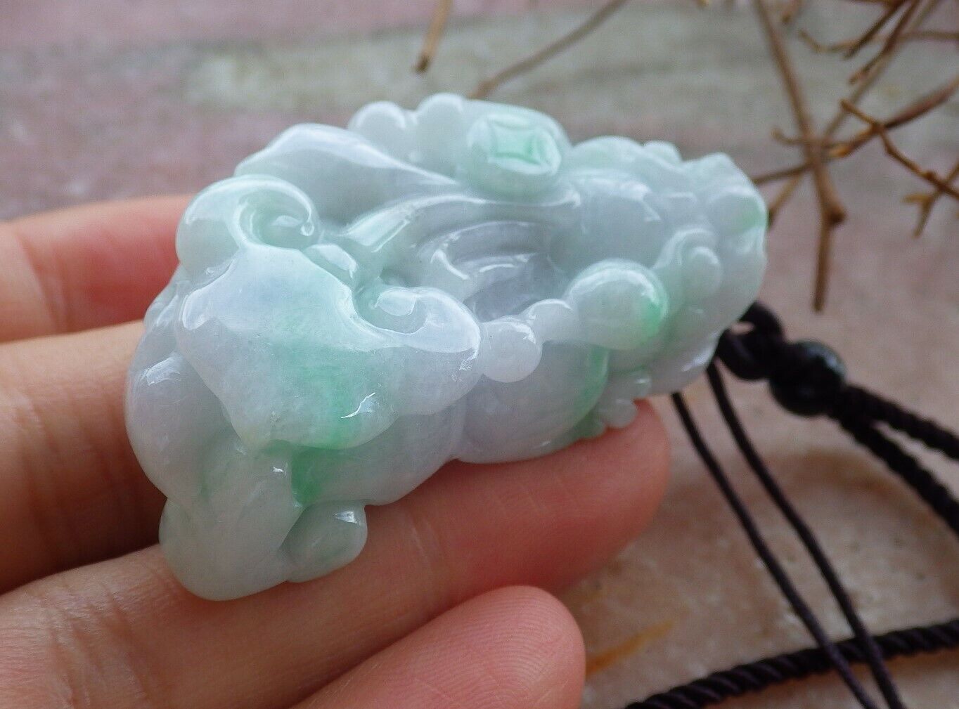 Certified Green Pale Lavender 100% Natural A Jade jadeite Pendant Dragon Pi Xiu Money Coin Ruyi Necklace 风水貔貅 529417 TN