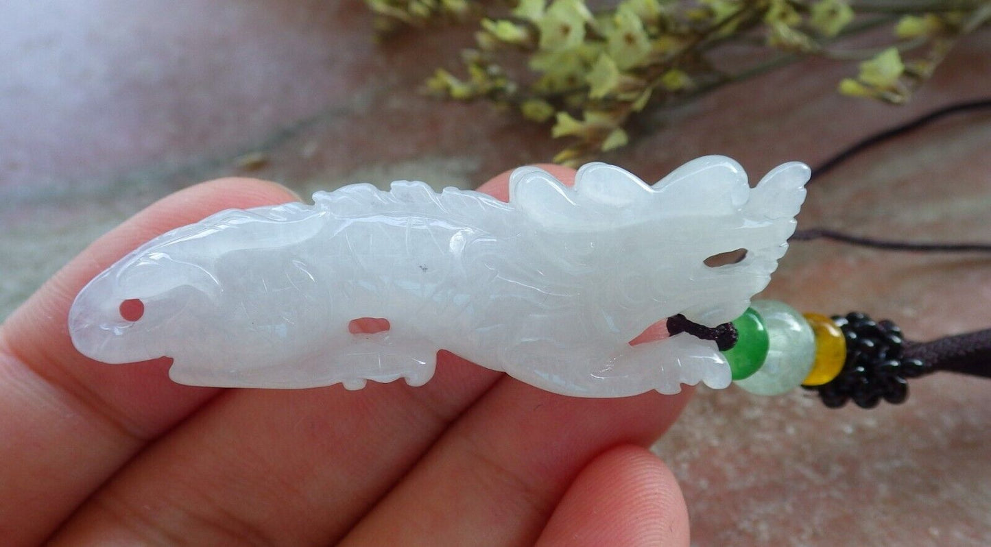Certified Icy White Burma 100% Natural A Jade jadeite Pendant Dragon Necklace 生意兴隆 574184 TN