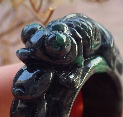 Certified Black Green Burma 100% Natural A JADE Jadeite Gold Fish RING USA. 12.5 戒指 634303  TN