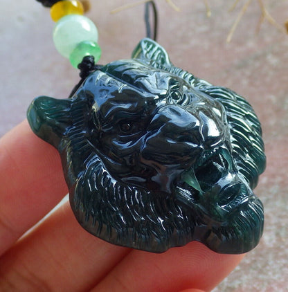 Certified Icy Blue Water Burma 100% Natural A Jade jadeite Pendant Tiger Necklace 虎虎生威 636028  TN