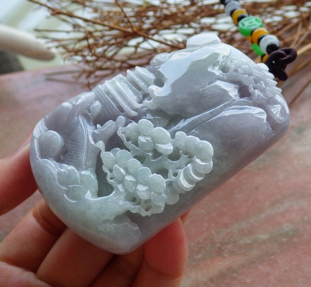 Certified Lavender Green Burma 100% Natural A Jade jadeite Landscape painting Tree Necklace 山水画 525690  TN