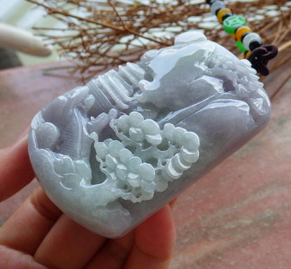Certified Lavender Green Burma 100% Natural A Jade jadeite Landscape painting Tree Necklace 山水画 525690  TN