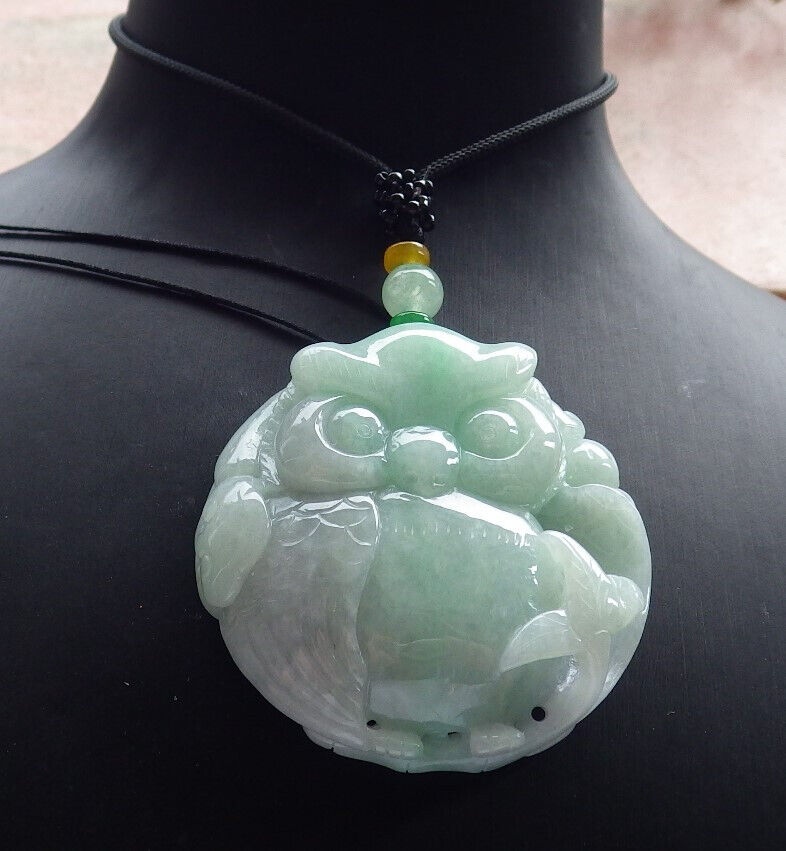 Certified Green Burma 100% Natural A Jade jadeite Pendant Owl Ruyi Necklace 猫头鹰 633397  TN