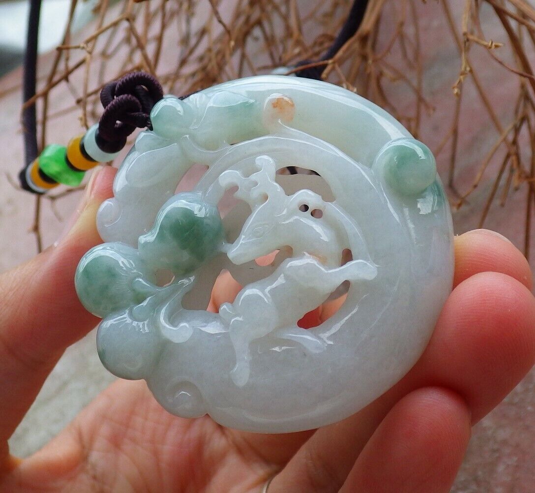 Certified Green 100% Natural A Jade jadeite Pendant Deer Peach Lotus Flower Ruyi Necklace 梅花鹿 526039  TN