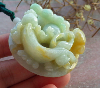 Certified Yellow Green Burma 100% Natural A Jade jadeite Pendant Dragon Pi Xiu Money Coin Ruyi Necklace 风水貔貅 634127  TN