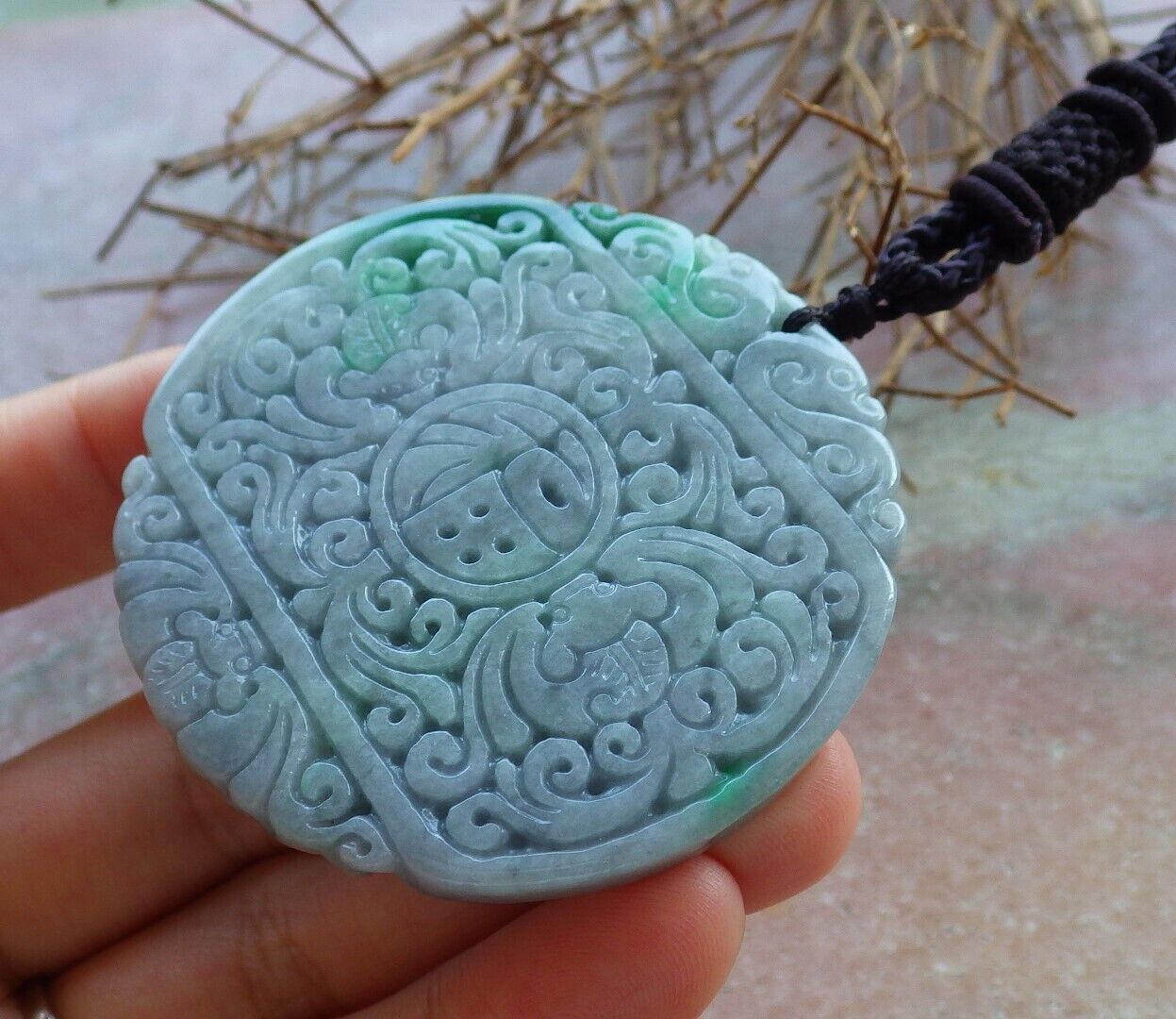 Certified Green Pale Lavender 100% Natural A Jade jadeite Pendant Bat Dragon Flower Coin Ruyi * Fu * Necklace 龙蝙蝠花牌 529263  TN