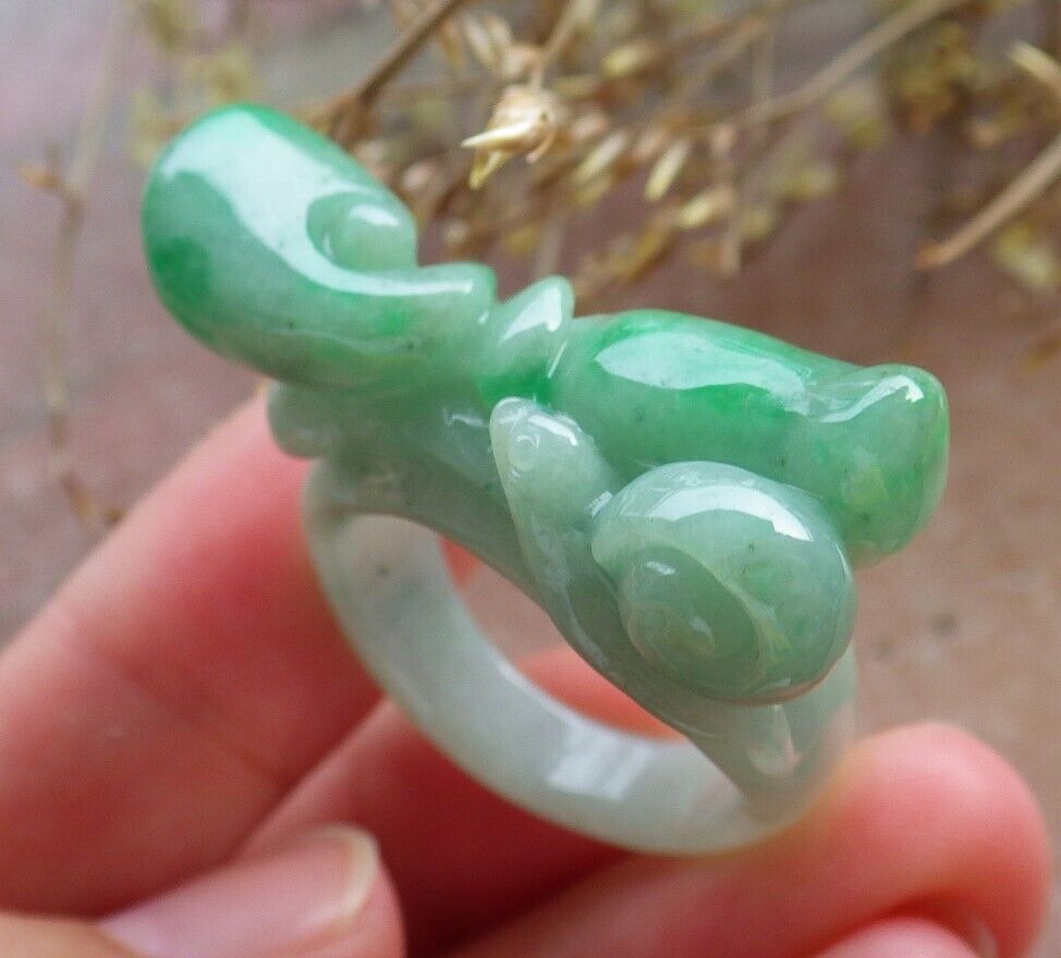 Certified Green Burma 100% Natural A JADE Jadeite Snails Ruyi RING USA. 10.25 花戒指 575124 TN