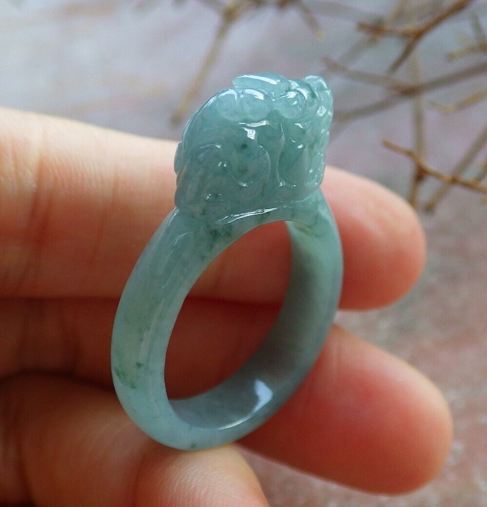 Certified Icy Green 100% Natural A JADE Jadeite Dragon Pi Xiu RING USA. 9 风水貔貅戒指 530081  TN