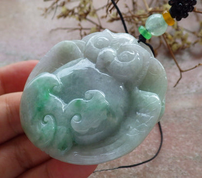 Certified Green Burma 100% Natural A Jade jadeite Pendant Owl Ruyi Coin Necklace 猫头鹰 633414  TN