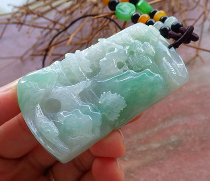 Certified Icy Green Burma 100% Natural A Jade jadeite Landscape painting Tree Necklace 山水画 525860  TN
