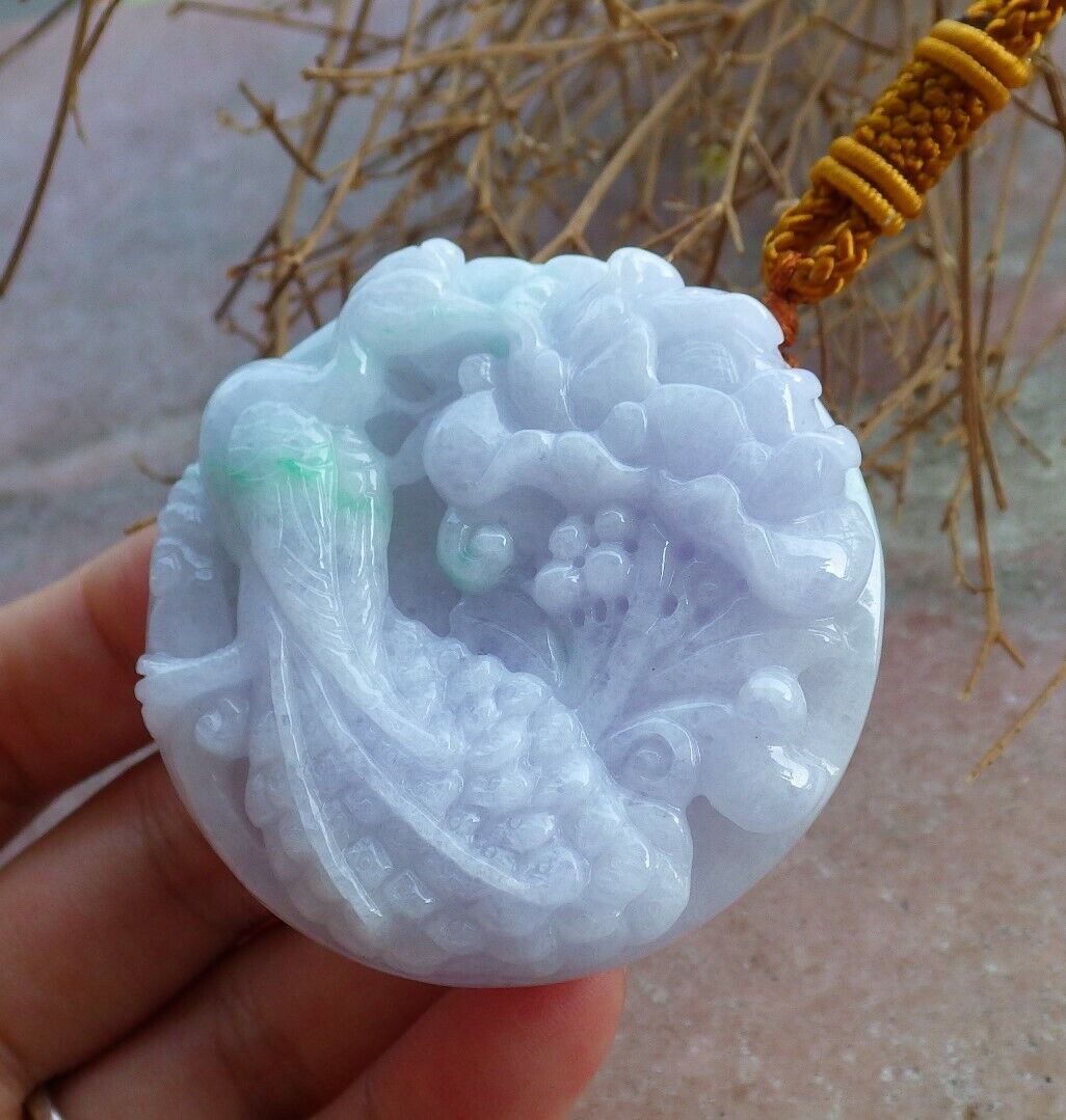 Certified Green Pale Lavender 100% Natural A Jade jadeite Pendant Phoenix Bird Flower Necklace 鸟语花香 521055  TN