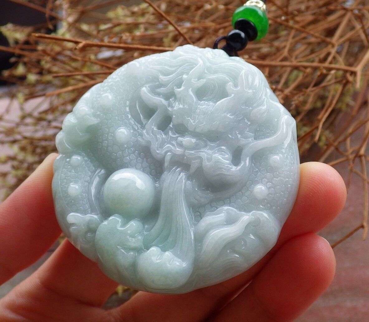 Certified Green 100% Natural A Jade jadeite Pendant Dragon Lotus Flower Ruyi Bead Necklace 生意兴隆 525051  TN