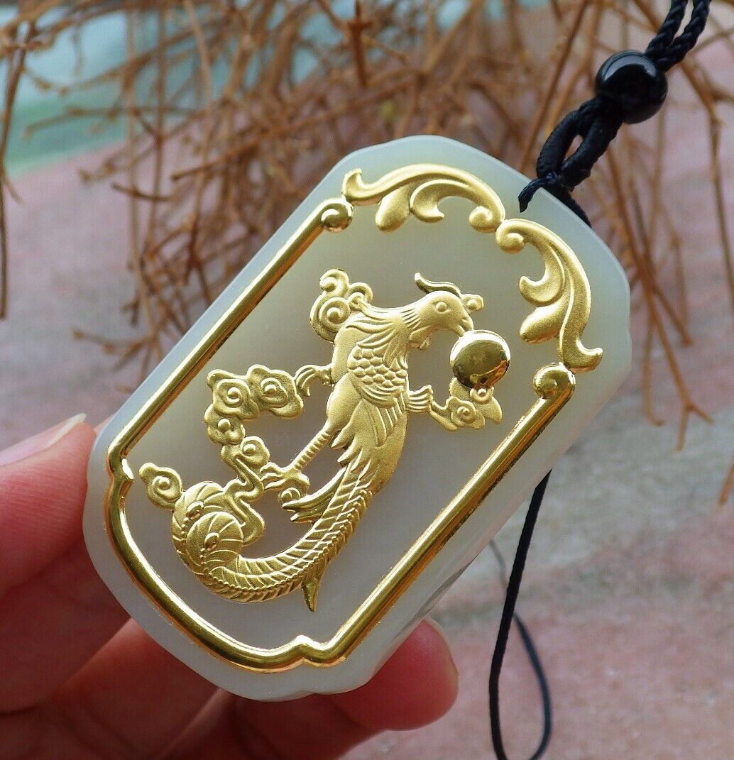 Certified 24K Yellow Gold Filled Hetian nephrite jade 100% A Natural Phoenix Rectangle Bead Necklace 凤凰牌 520692  TN