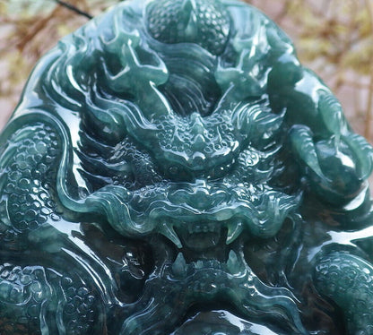 Certified Icy Green Burma 100% Natural A Jade jadeite Pendant Dragon Bead Necklace 生意兴隆 633320  TN