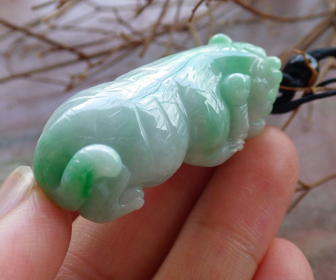 Certified Green 100% Natural A Jade jadeite Pendant Tiger Money Coin Necklace 虎虎生威 525750  TN