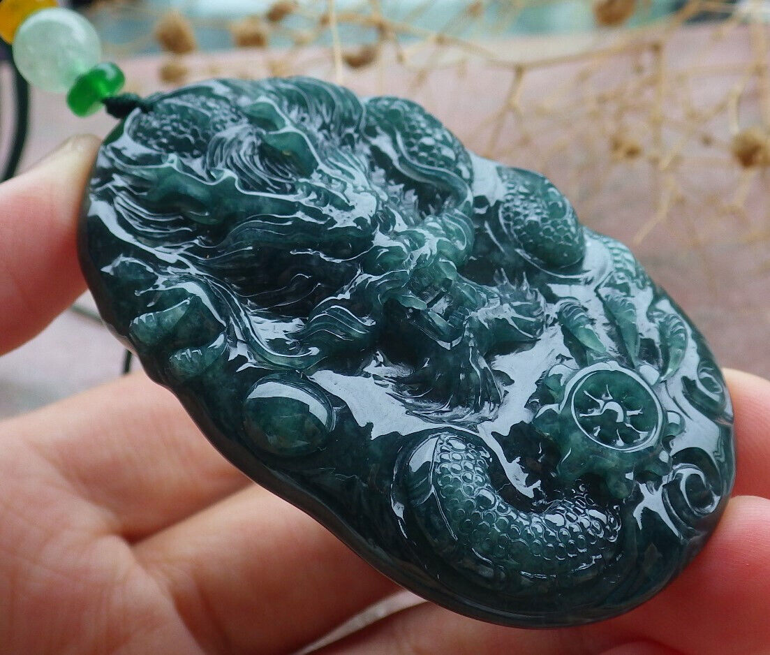Certified Icy Green Burma 100% Natural A Jade jadeite Pendant Dragon Bead Necklace 生意兴隆 636299  TN