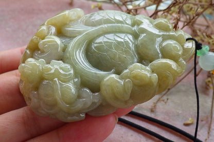 Certified Yellow Green Burma 100% Natural A Jade jadeite pendant Gold Fish Bat Lotus Leaf Coin Necklace 金玉满堂 632625  TN