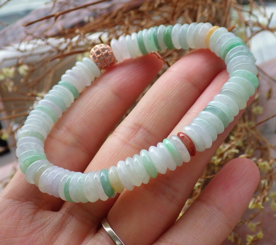 Certified Yellow Green Pale Lavender 100% Natural A JADE Jadeite Bead Beads Bangle Circle Bead Beads Bangle Bracelet 平安扣手链 525008  TN
